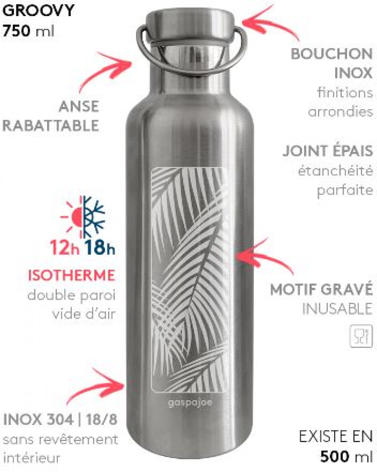 Gourde inox Groovy 750 ml isotherme - Boutique Toup'tibou